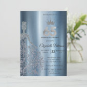 Invitation Silver Glitter Dress, Diamonds Blue 65th Birthday (Debout devant)
