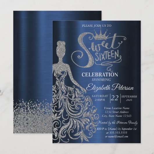 Invitation Silver Glitter Dress,Diamonds Navy Blue Sweet 16  (Devant / Derrière)