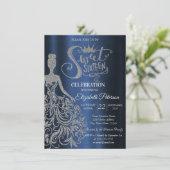 Invitation Silver Glitter Dress,Diamonds Navy Blue Sweet 16  (Debout devant)