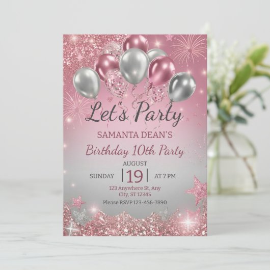 Invitation Silver Glitter Drips Balloons Birthday  (Debout devant)