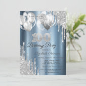 Invitation Silver Glitter Drips Balloons Blue Metallic 100th  (Debout devant)