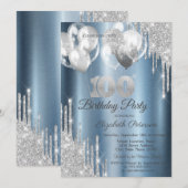 Invitation Silver Glitter Drips Balloons Blue Metallic 100th  (Devant / Derrière)