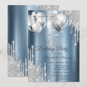 Invitation Silver Glitter Drips Balloons Blue Metallic 75th  (Devant / Derrière)