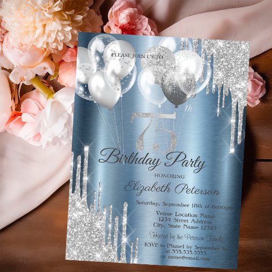 Invitation Silver Glitter Drips Balloons Blue Metallic 75th
