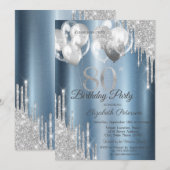 Invitation Silver Glitter Drips Balloons Blue Metallic 80th  (Devant / Derrière)