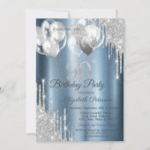Invitation Silver Glitter Drips Balloons Blue Metallic 90th (Devant)