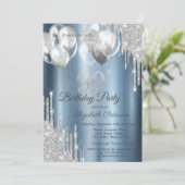 Invitation Silver Glitter Drips Balloons Blue Metallic 90th  (Debout devant)