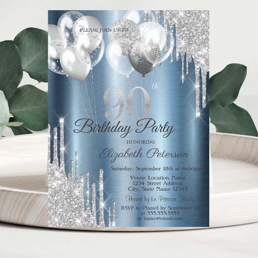 Invitation Silver Glitter Drips Balloons Blue Metallic 90th