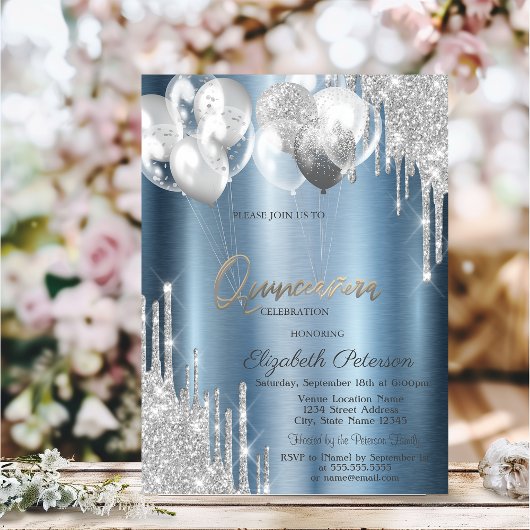 Invitation Silver Glitter Drips Balloons Blue Quinceanera