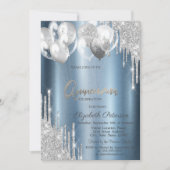 Invitation Silver Glitter Drips Balloons Blue Quinceanera (Devant)