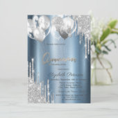 Invitation Silver Glitter Drips Balloons Blue Quinceanera (Debout devant)