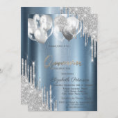 Invitation Silver Glitter Drips Balloons Blue Quinceanera (Devant / Derrière)