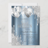 Invitation Silver Glitter Drips Balloons Blue Sweet 16 (Devant)