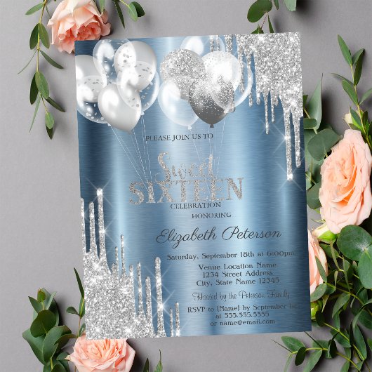 Invitation Silver Glitter Drips Balloons Blue Sweet 16