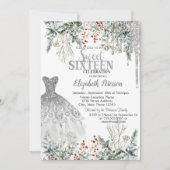Invitation Silver Glitter Drips,Dress Winter Flowers Sweet 16 (Devant)