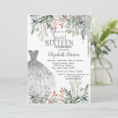 Invitation Silver Glitter Drips,Dress Winter Flowers Sweet 16 (Debout devant)