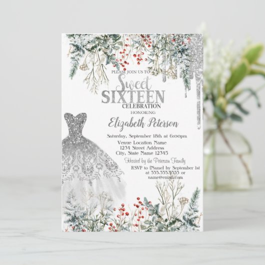 Invitation Silver Glitter Drips,Dress Winter Flowers Sweet 16 (Debout devant)