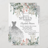 Invitation Silver Glitter Drips,Dress Winter Flowers Sweet 16 (Devant / Derrière)