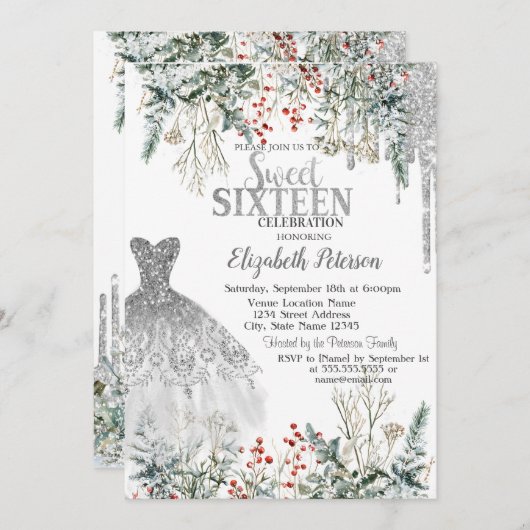 Invitation Silver Glitter Drips,Dress Winter Flowers Sweet 16 (Devant / Derrière)