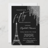 Invitation Silver Glitter Drips, Eiffel Tower 50t Birthday  (Devant)