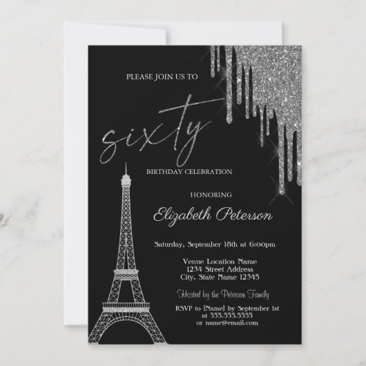 Invitation Silver Glitter Drips, Eiffel Tower 60t Birthday  (Devant)