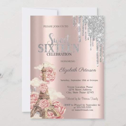 Invitation Silver Glitter Drips,Eiffel Tower Peonies Sweet 16 (Devant)