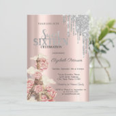 Invitation Silver Glitter Drips,Eiffel Tower Peonies Sweet 16 (Debout devant)