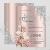 Invitation Silver Glitter Drips,Eiffel Tower Peonies Sweet 16 (Devant / Derrière)