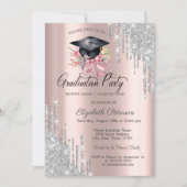 Invitation Silver Glitter Drips Floral Grad Cap Rose Gold (Devant)