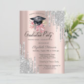 Invitation Silver Glitter Drips Floral Grad Cap Rose Gold (Debout devant)
