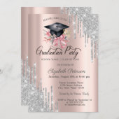 Invitation Silver Glitter Drips Floral Grad Cap Rose Gold (Devant / Derrière)