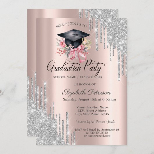 Invitation Silver Glitter Drips Floral Grad Cap Rose Gold (Devant / Derrière)