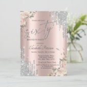 Invitation Silver Glitter Drips Flowers Rose Gold 60th  (Debout devant)