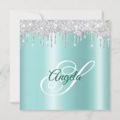 Invitation Silver Glitter Drips Light Teal Ombre Drop Shadow (Dos)