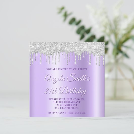 Invitation Silver Glitter Drips Pale Lavender Drop Shadow (Debout devant)
