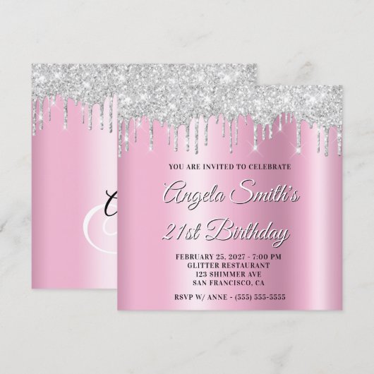 Invitation Silver Glitter Drips Pink Shimmer Drop Shadow (Devant / Derrière)