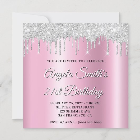 Invitation Silver Glitter Drips Pink Shimmer Drop Shadow (Devant)