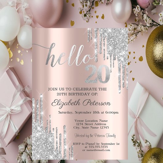 Invitation Silver Glitter Drips Rose Gold 20th Birthday  