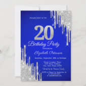 Invitation Silver Glitter Drips Royal Blue 20th Birthday  (Devant)