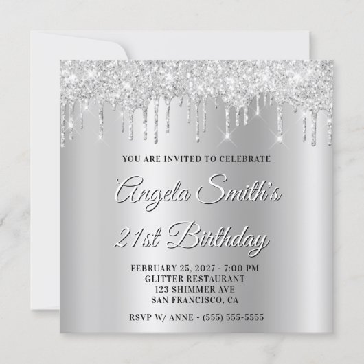 Invitation Silver Glitter Drips Shimmer Ombre Drop Shadow (Devant)
