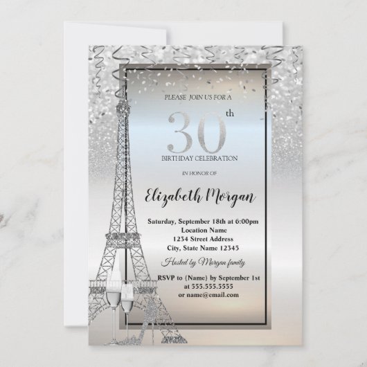 Invitation Silver Glitter Eiffel Tower,Glass,Heel 30th (Devant)
