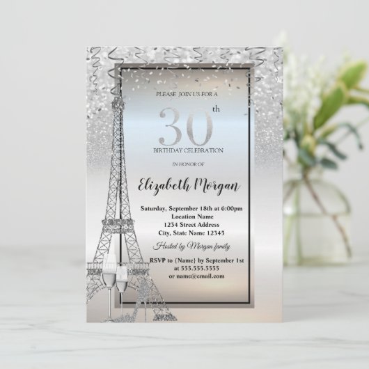 Invitation Silver Glitter Eiffel Tower,Glass,Heel 30th (Debout devant)