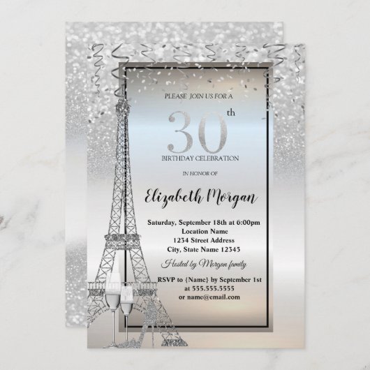 Invitation Silver Glitter Eiffel Tower,Glass,Heel 30th (Devant / Derrière)