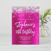 Invitation Silver Glitter Hot Pink Foil Bold 18th Birthday (Debout devant)