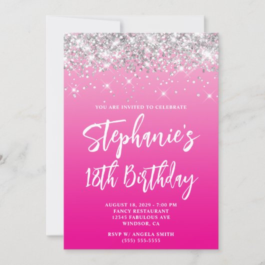 Invitation Silver Glitter Hot Pink Ombre Bold 18th Birthday (Devant)