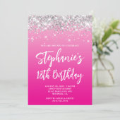 Invitation Silver Glitter Hot Pink Ombre Bold 18th Birthday (Debout devant)
