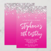 Invitation Silver Glitter Hot Pink Ombre Bold 18th Birthday (Devant / Derrière)