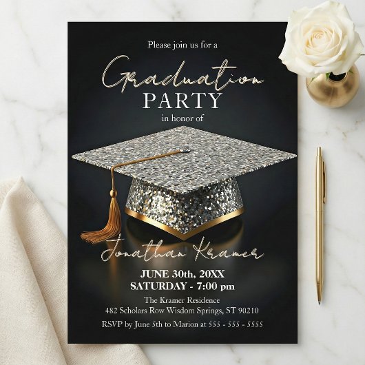 Invitation Silver Glitter Mosaic Black Gold Graduation Party