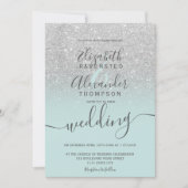 Invitation Silver glitter ombre sage green script wedding (Devant)