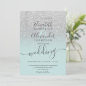 Invitation Silver glitter ombre sage green script wedding (Debout devant)